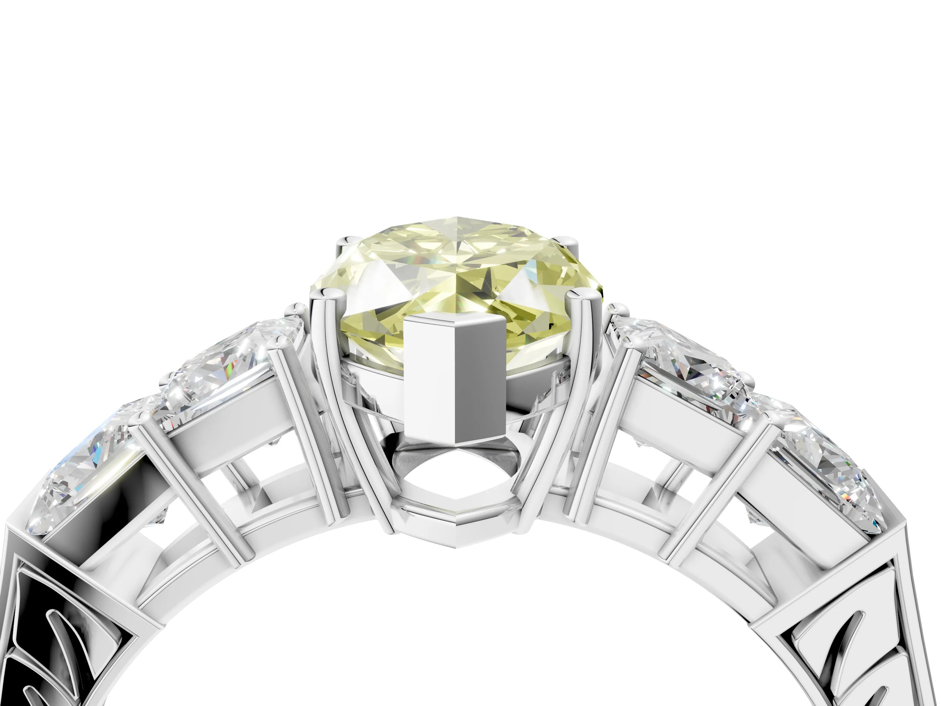 White gold Fancy Yellow Marquise Cut Solitaire Princess Side Stone Engraved Band Prong Setting Ring_4