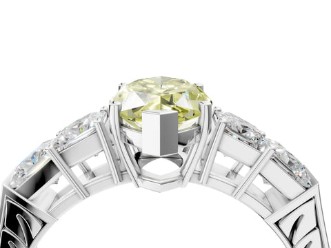 White gold Fancy Yellow Marquise Cut Solitaire Princess Side Stone Engraved Band Prong Setting Ring_4