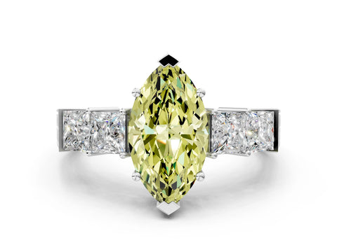 White gold Fancy Yellow Marquise Cut Solitaire Princess Side Stone Engraved Band Prong Setting Ring