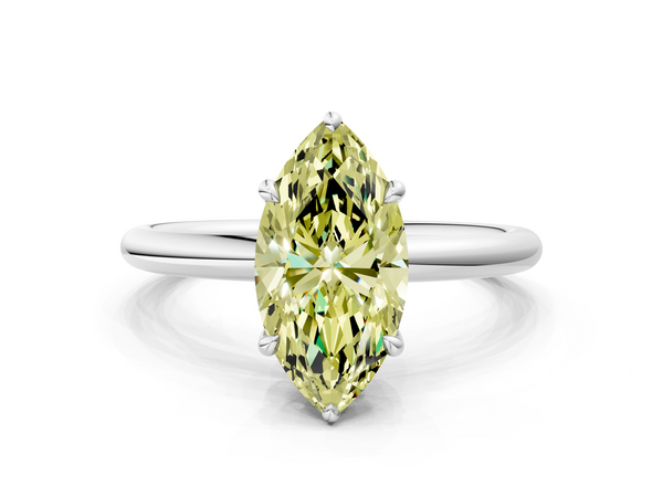 Platinum Fancy Yellow Marquise Cut Diamond Solitaire Ring with Thin Band and Four-Prong Setting
