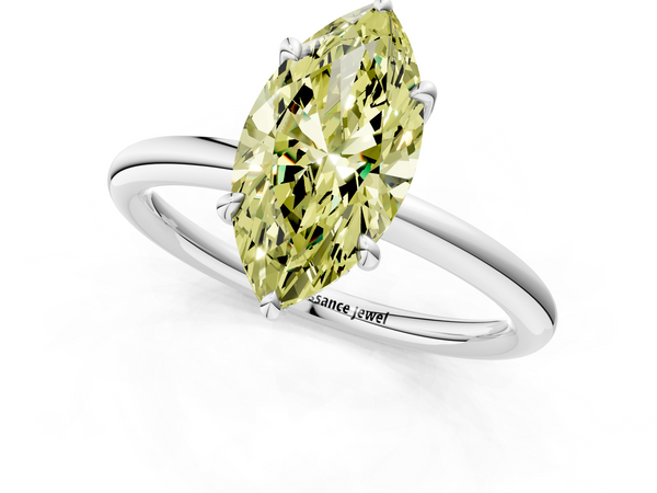 Platinum Fancy Yellow Marquise Cut Diamond Solitaire Ring with Thin Band and Four-Prong Setting