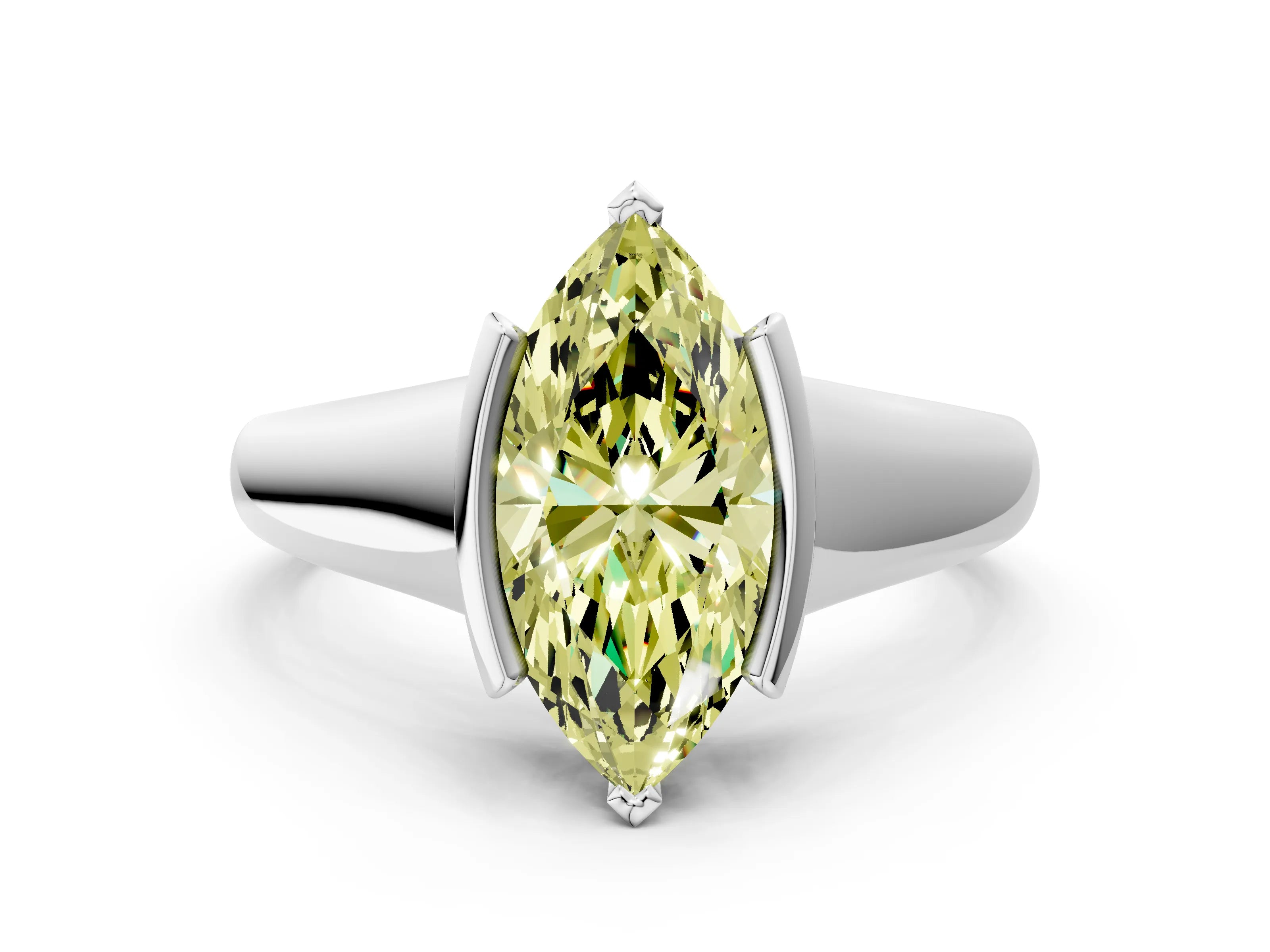 White gold Fancy Yellow Marquise Cut Solitaire Tension Set Diamond Ring with Split Shank Band