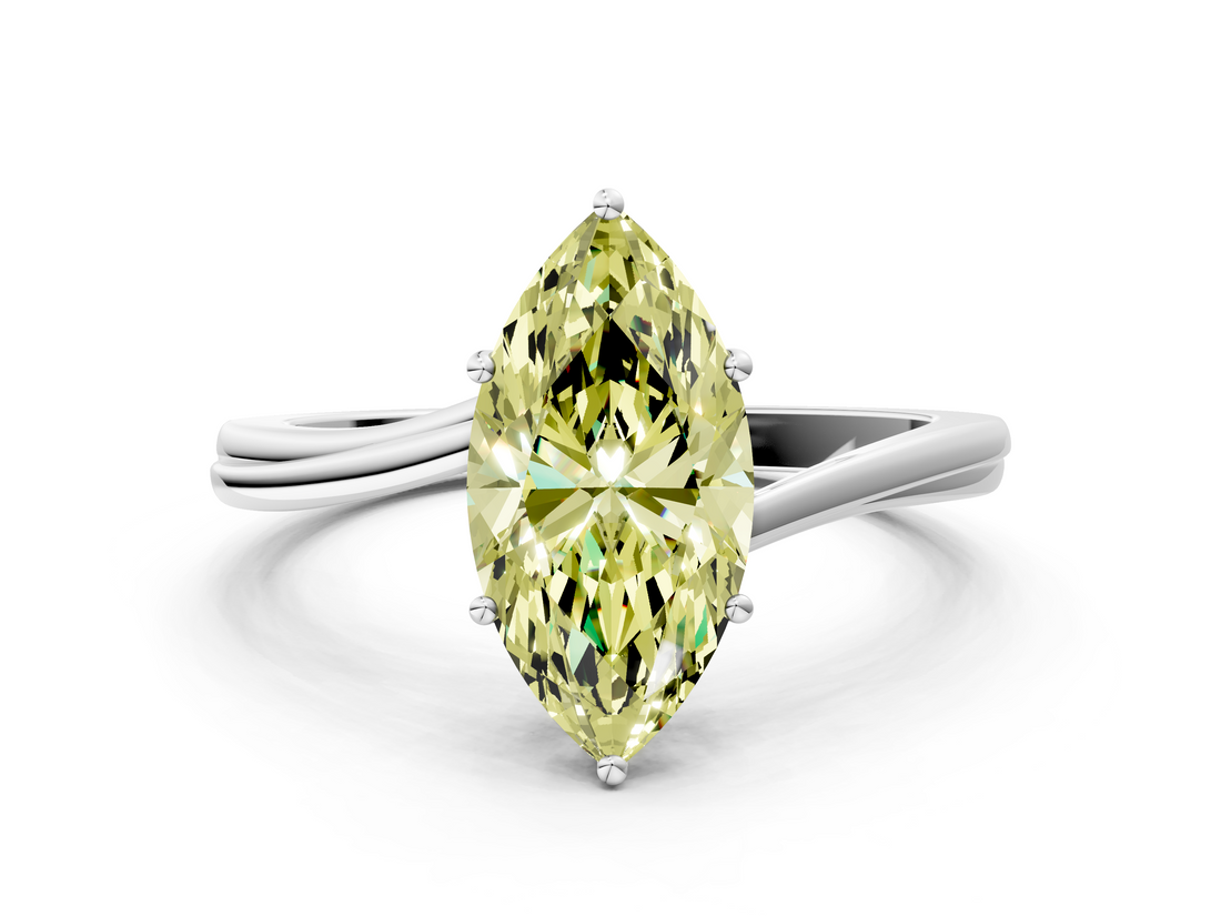 White gold Fancy Yellow Marquise  Cut Solitaire Twist Band Ring with Four-Prong Setting