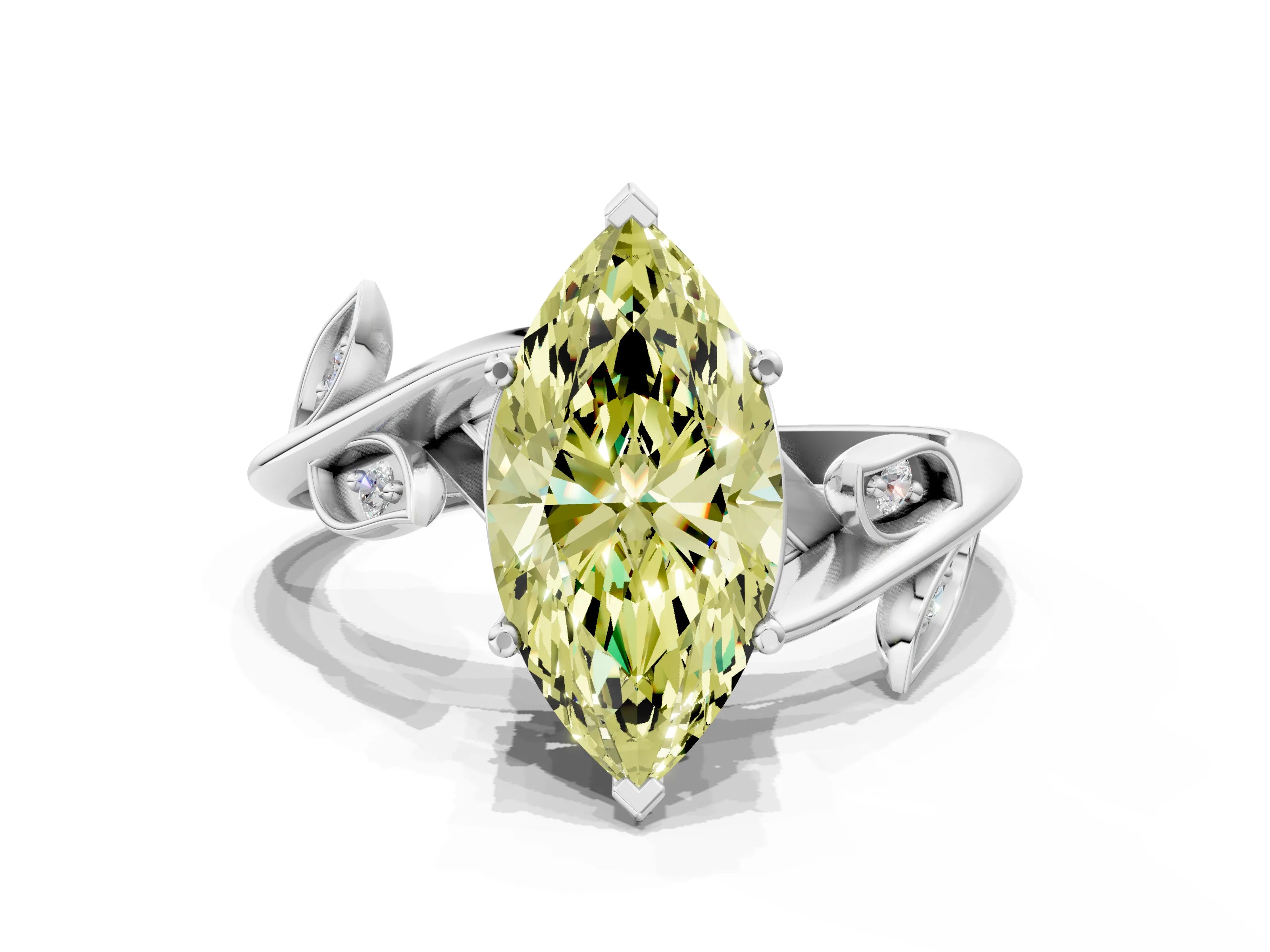 White gold Fancy Yellow Marquise Cut Solitaire Twist Engagement Ring with Leaf Accents and Prong Setting