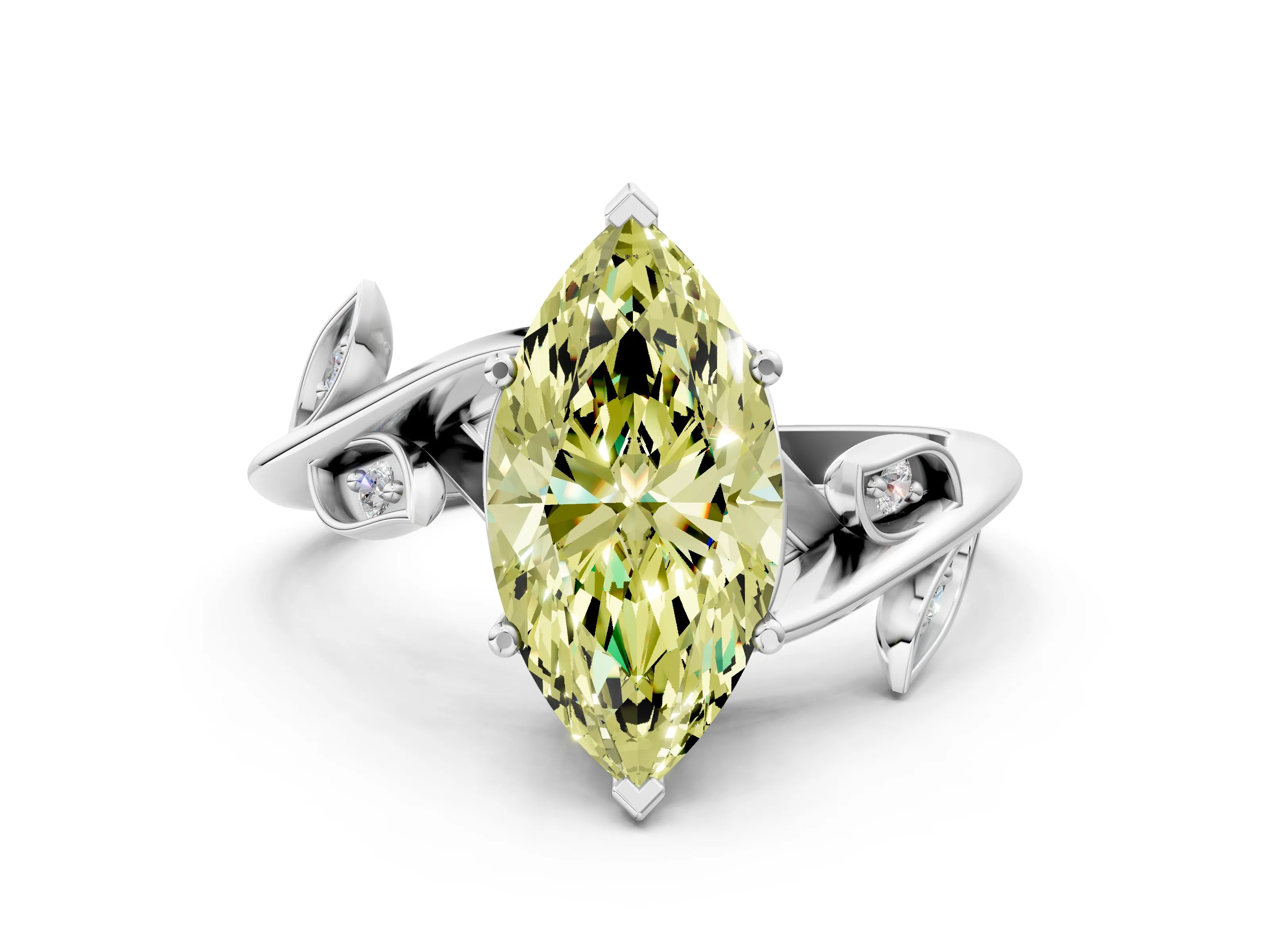 White gold Fancy Yellow Marquise Cut Solitaire Twist Engagement Ring with Leaf Accents and Prong Setting_12