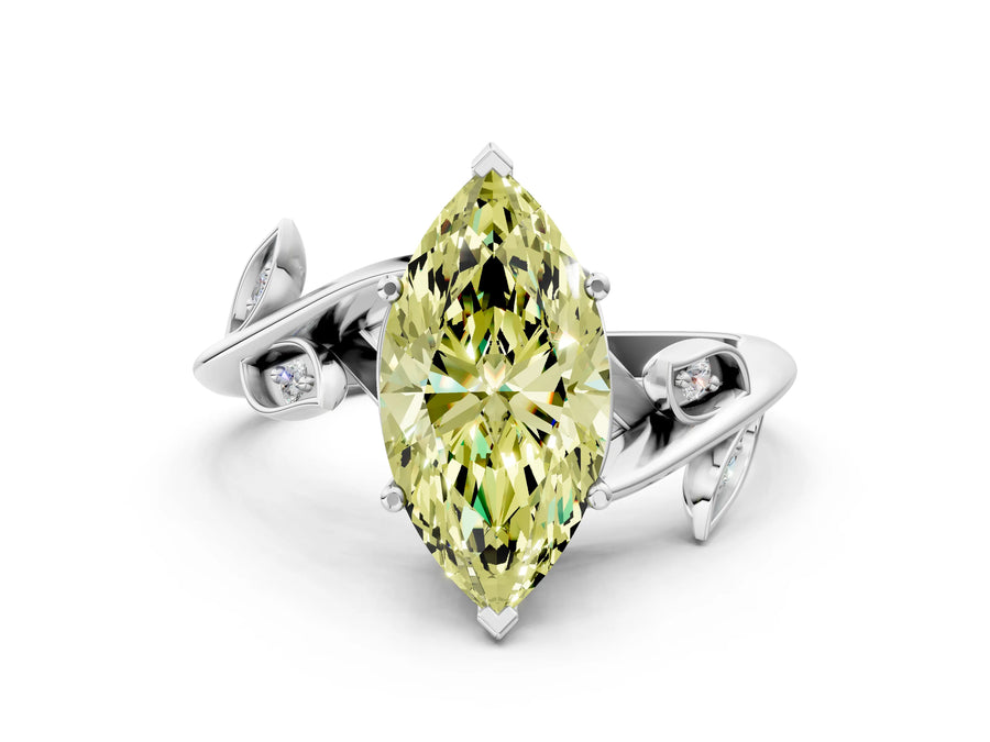 White gold Fancy Yellow Marquise Cut Solitaire Twist Engagement Ring with Leaf Accents and Prong Setting