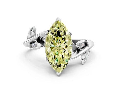 White gold Fancy Yellow Marquise Cut Solitaire Twist Engagement Ring with Leaf Accents and Prong Setting_12