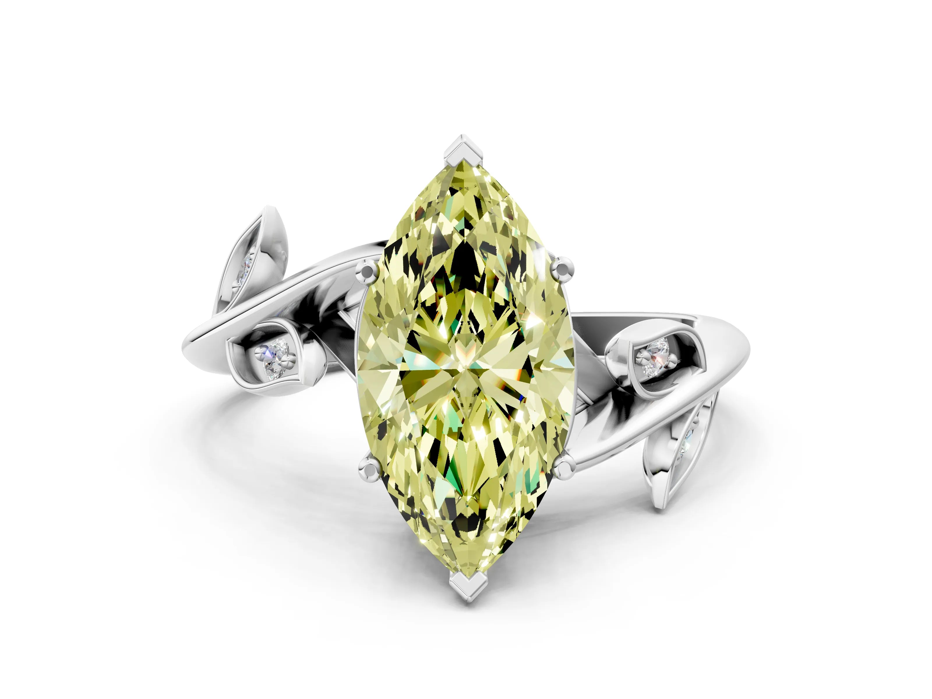 White gold Fancy Yellow Marquise Cut Solitaire Twist Engagement Ring with Leaf Accents and Prong Setting_12
