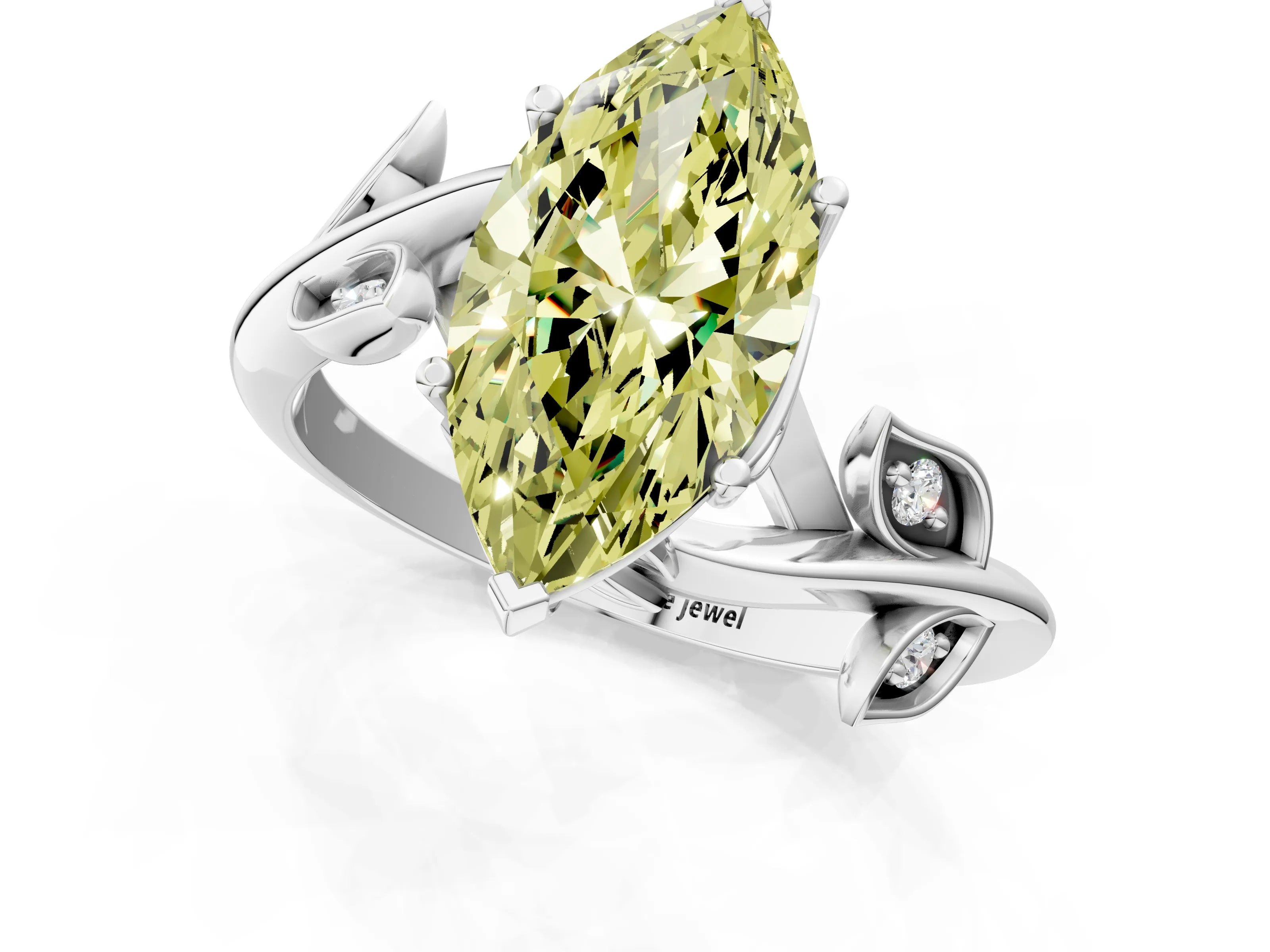 White gold Fancy Yellow Marquise Cut Solitaire Twist Engagement Ring with Leaf Accents and Prong Setting_13