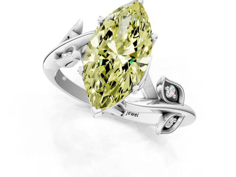 White gold Fancy Yellow Marquise Cut Solitaire Twist Engagement Ring with Leaf Accents and Prong Setting_13