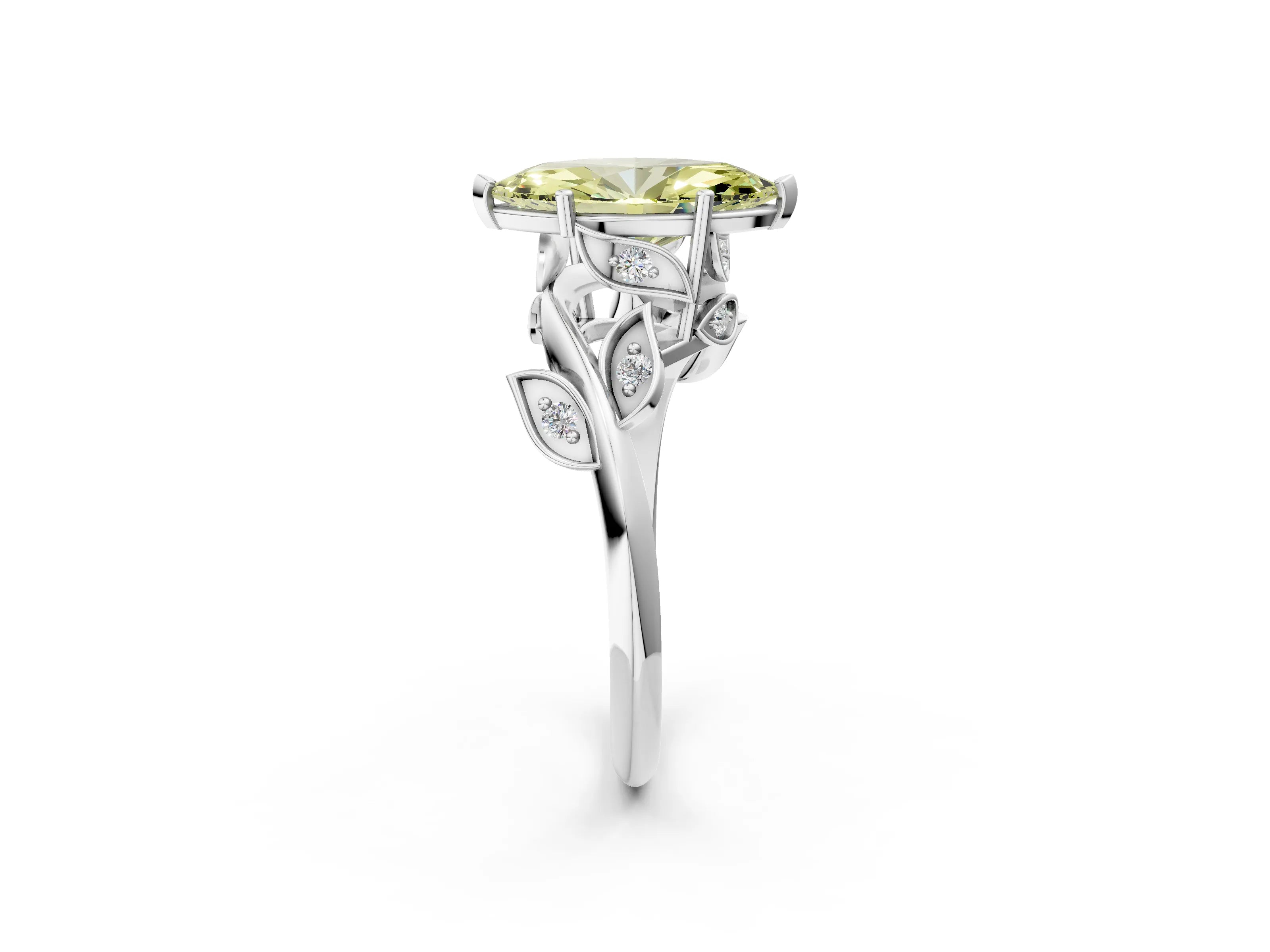 White gold Fancy Yellow Marquise Cut Solitaire Twist Engagement Ring with Leaf Accents and Prong Setting_14