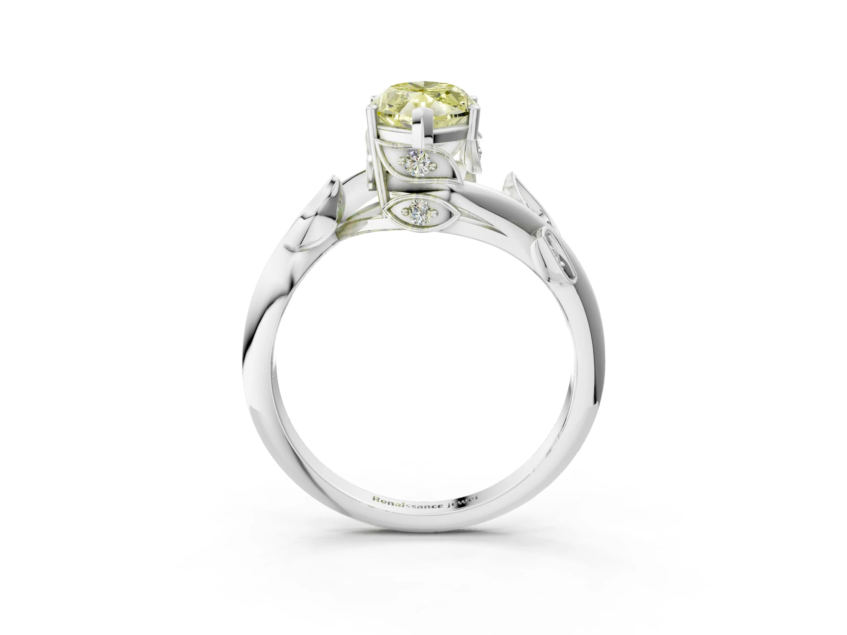 White gold Fancy Yellow Marquise Cut Solitaire Twist Engagement Ring with Leaf Accents and Prong Setting_15