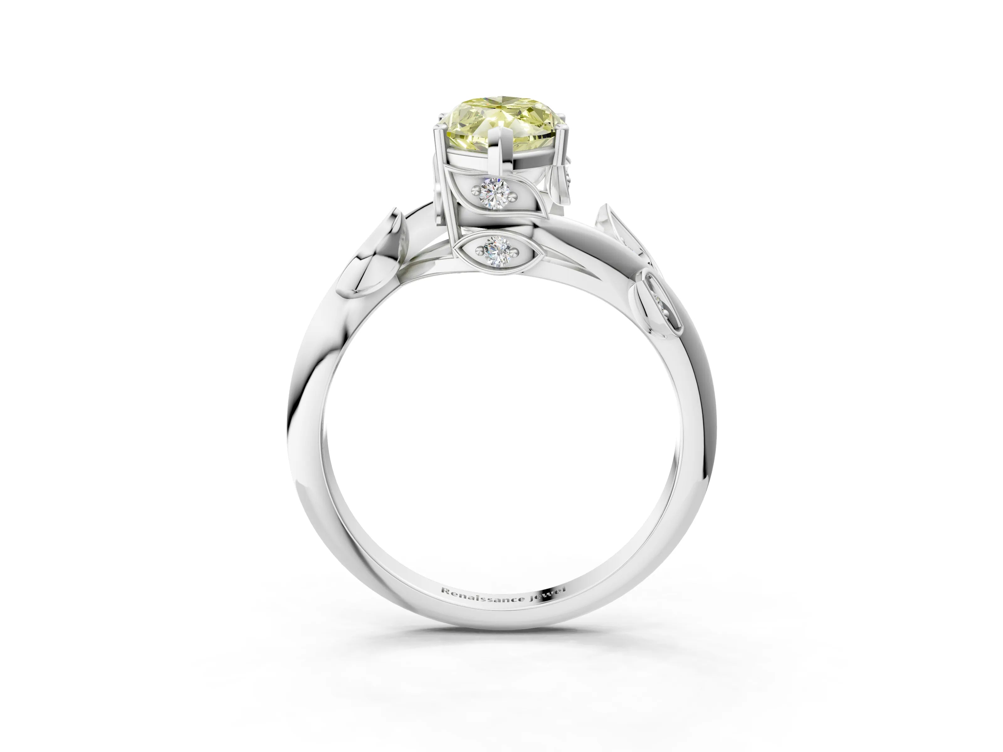 White gold Fancy Yellow Marquise Cut Solitaire Twist Engagement Ring with Leaf Accents and Prong Setting_15