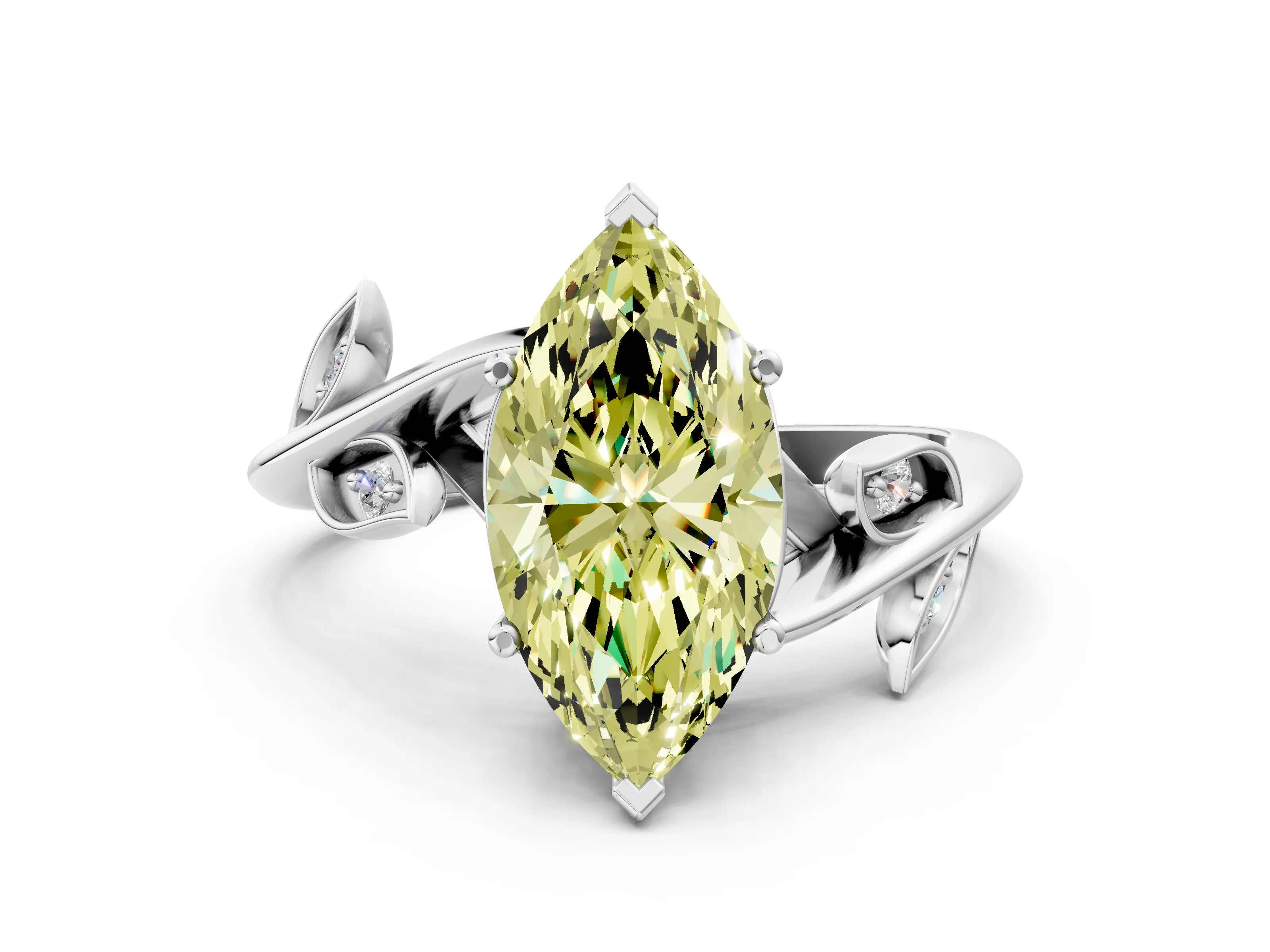 White gold Fancy Yellow Marquise Cut Solitaire Twist Engagement Ring with Leaf Accents and Prong Setting_18