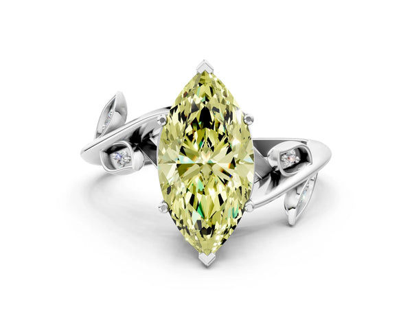 White gold Fancy Yellow Marquise Cut Solitaire Twist Engagement Ring with Leaf Accents and Prong Setting