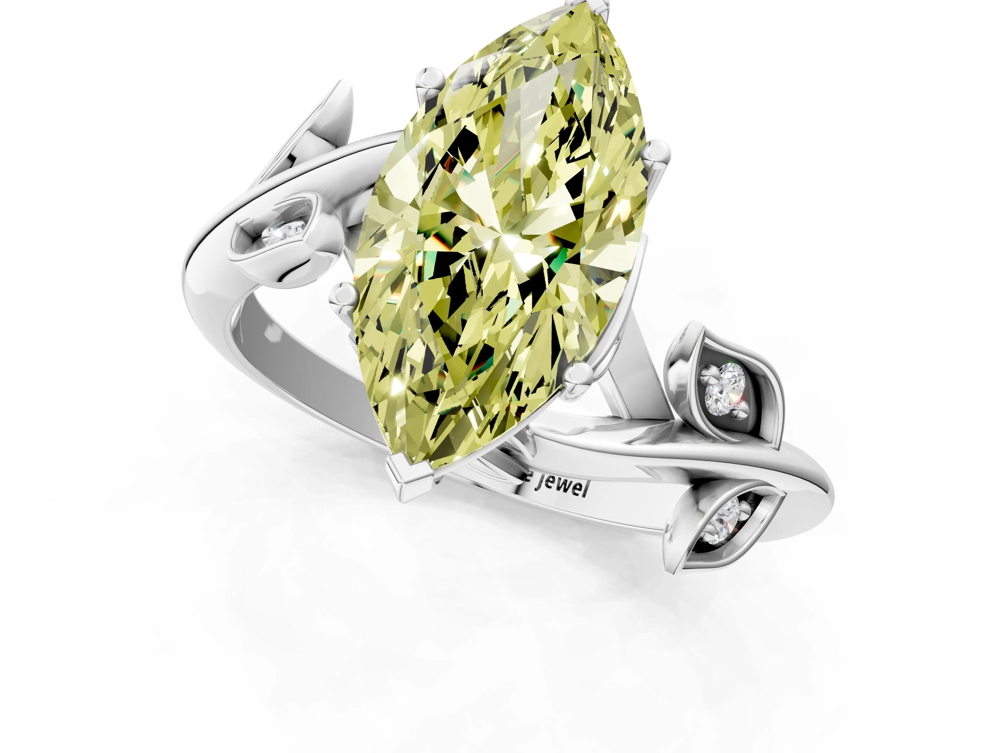 White gold Fancy Yellow Marquise Cut Solitaire Twist Engagement Ring with Leaf Accents and Prong Setting_19