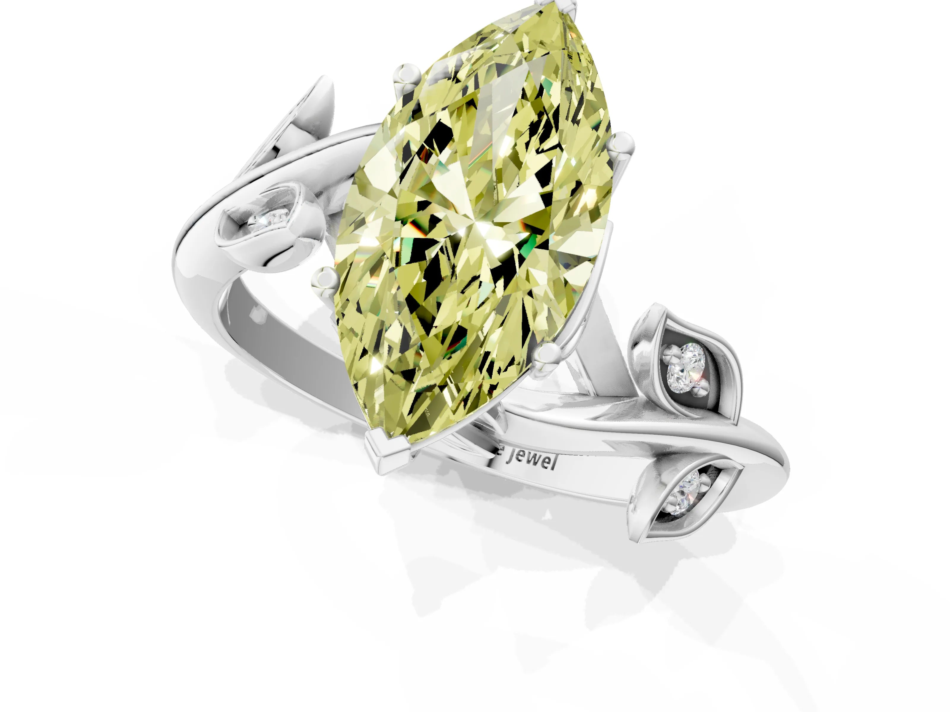 White gold Fancy Yellow Marquise Cut Solitaire Twist Engagement Ring with Leaf Accents and Prong Setting_1