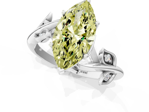 White gold Fancy Yellow Marquise Cut Solitaire Twist Engagement Ring with Leaf Accents and Prong Setting