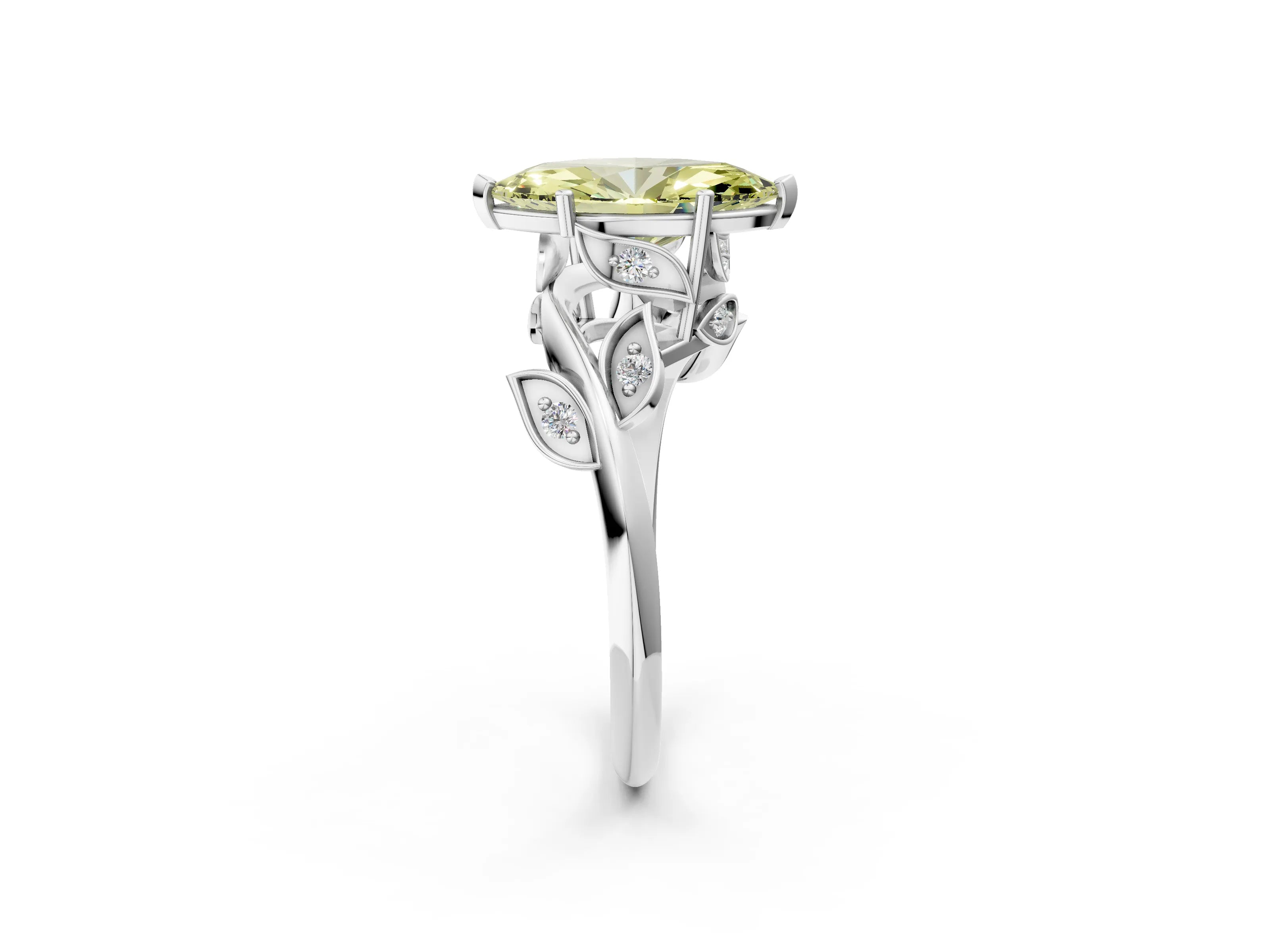 White gold Fancy Yellow Marquise Cut Solitaire Twist Engagement Ring with Leaf Accents and Prong Setting_20