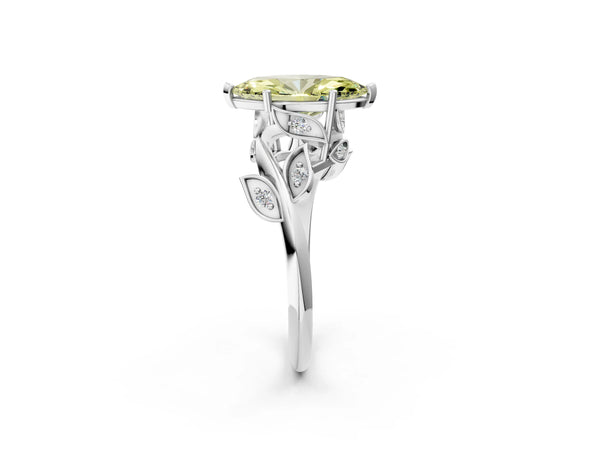 White gold Fancy Yellow Marquise Cut Solitaire Twist Engagement Ring with Leaf Accents and Prong Setting