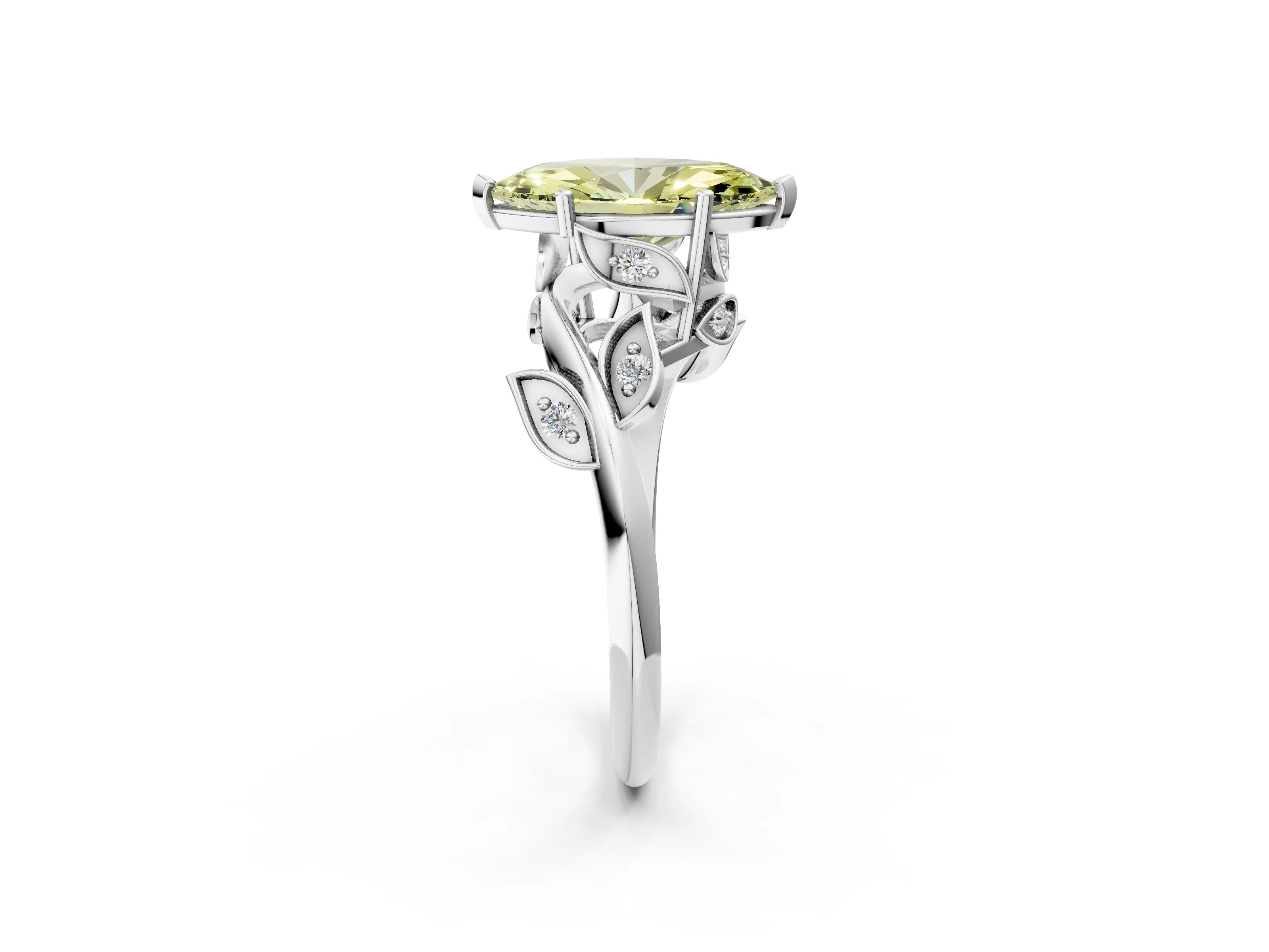 White gold Fancy Yellow Marquise Cut Solitaire Twist Engagement Ring with Leaf Accents and Prong Setting_2