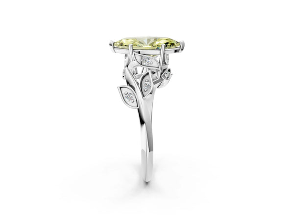 White gold Fancy Yellow Marquise Cut Solitaire Twist Engagement Ring with Leaf Accents and Prong Setting