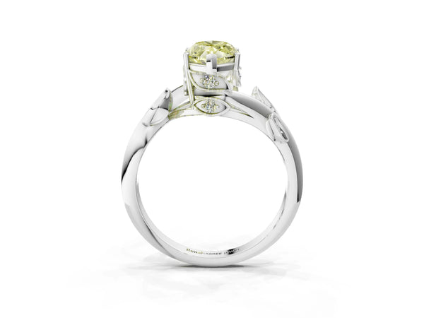 White gold Fancy Yellow Marquise Cut Solitaire Twist Engagement Ring with Leaf Accents and Prong Setting