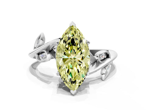 White gold Fancy Yellow Marquise Cut Solitaire Twist Engagement Ring with Leaf Accents and Prong Setting