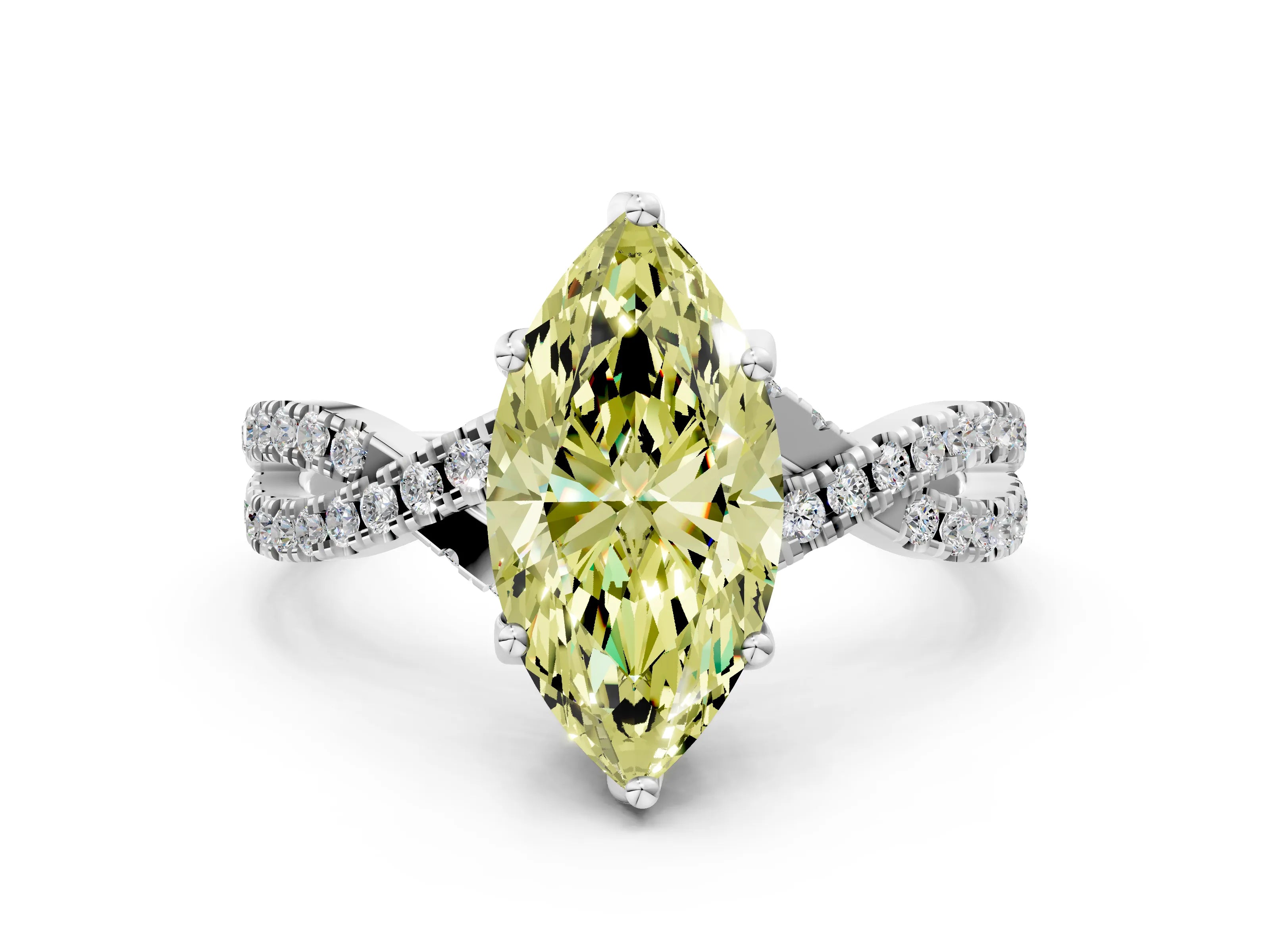 White gold Fancy Yellow Marquise Cut Solitaire Twist Pave Diamond Engagement Ring with Prong Setting
