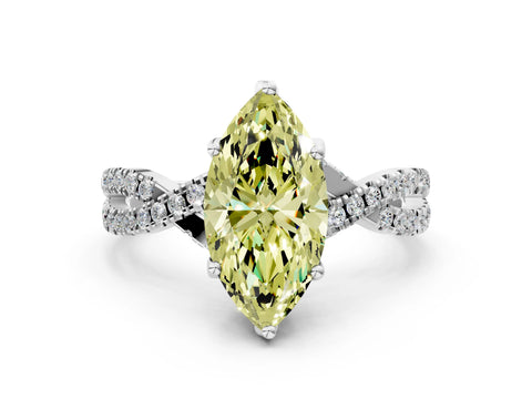 White gold Fancy Yellow Marquise Cut Solitaire Twist Pave Diamond Engagement Ring with Prong Setting