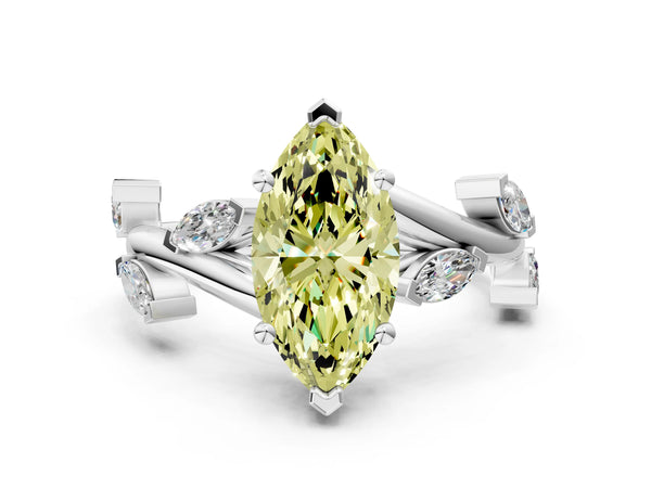 Platinum Fancy Yellow Marquise Cut Solitaire Twisted Band Marquise Accent Prong Setting Ring