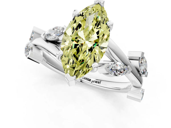 Platinum Fancy Yellow Marquise Cut Solitaire Twisted Band Marquise Accent Prong Setting Ring