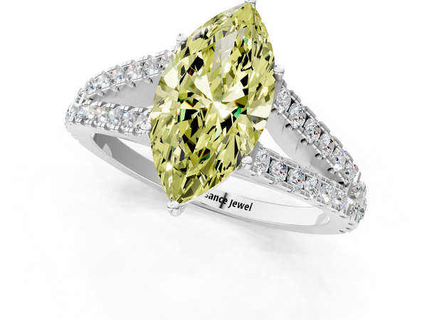 Platinum Fancy Yellow Marquise  Cut Split Shank Pave Diamond Engagement Ring with Four-Prong Setting