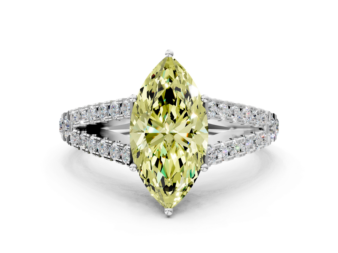 White gold Fancy Yellow Marquise  Cut Split Shank Pave Diamond Engagement Ring with Four-Prong Setting