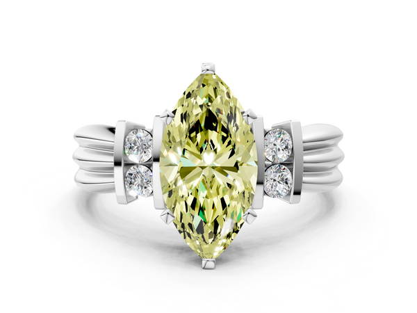 Platinum Fancy Yellow Marquise  Cut Three-Stone Channel Set Ring with Bar Prongs