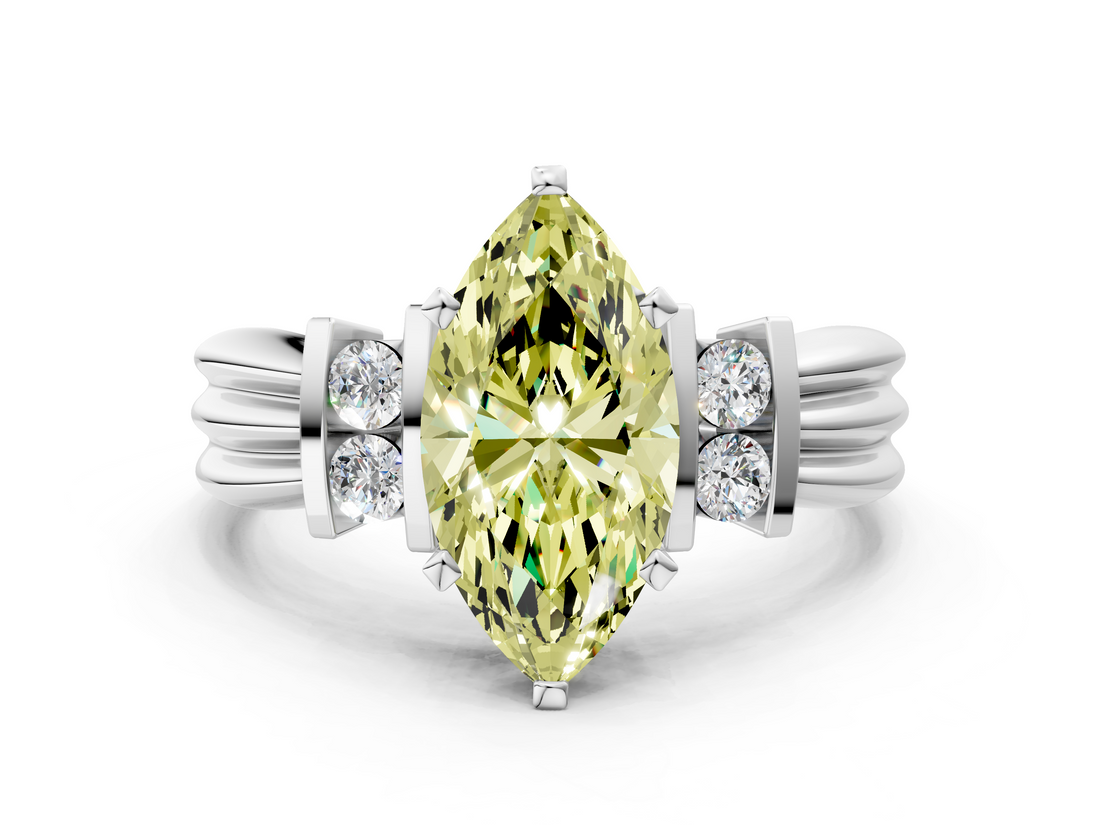 White gold Fancy Yellow Marquise  Cut Three-Stone Channel Set Ring with Bar Prongs