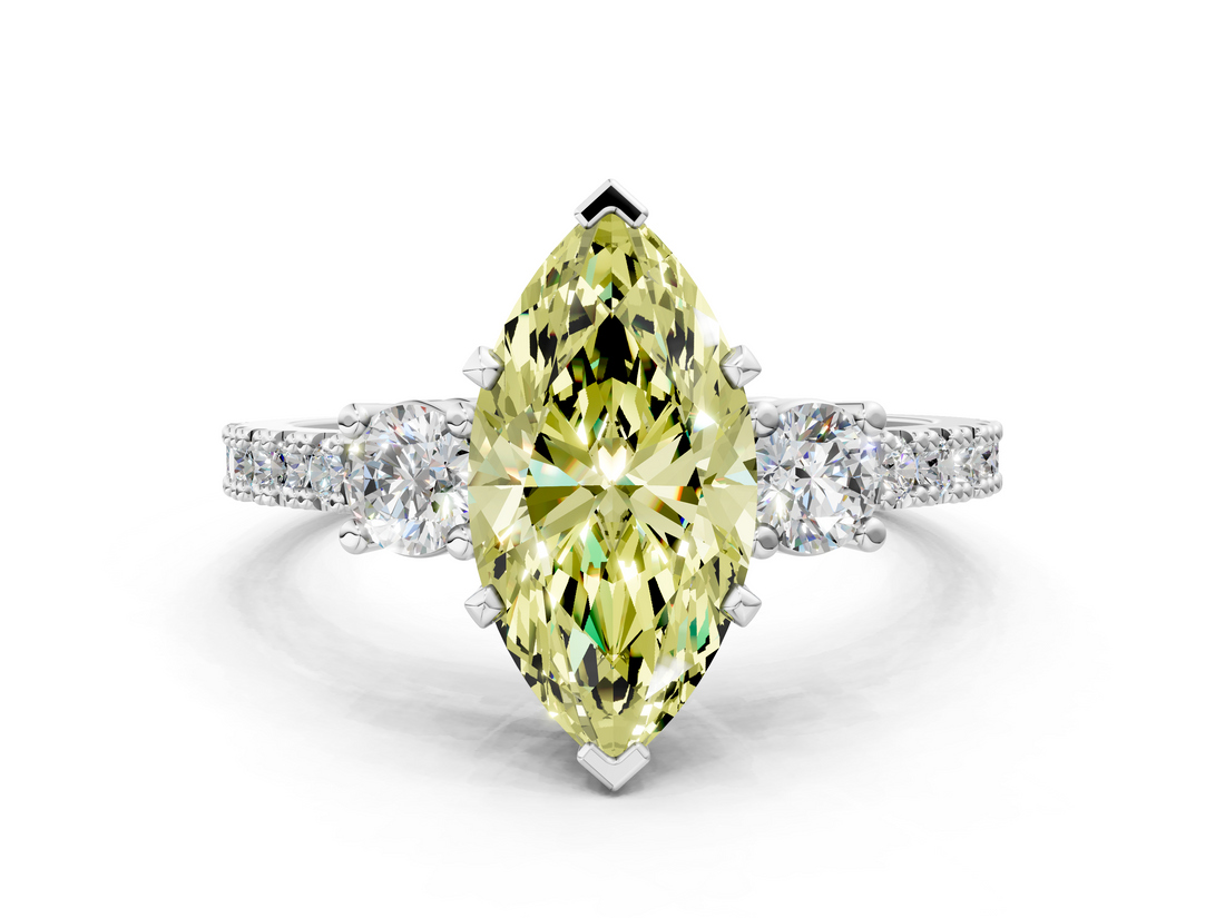 White gold Fancy Yellow Marquise  Cut Three-Stone Diamond Pavé Band with Prong Setting