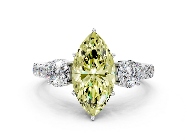 Platinum Fancy Yellow Marquise  Cut Diamond Three-Stone Ring with Round Side Stones and Pavé Band
