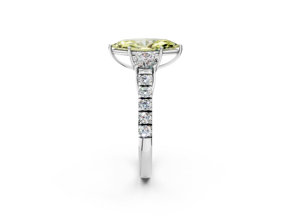 Platinum Fancy Yellow Marquise  Cut Diamond Three-Stone Ring with Round Side Stones and Pavé Band