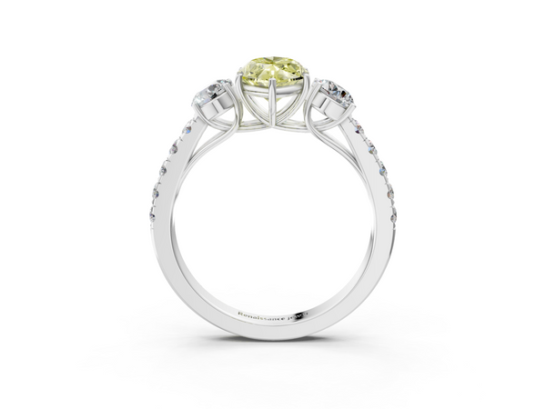 Platinum Fancy Yellow Marquise  Cut Diamond Three-Stone Ring with Round Side Stones and Pavé Band