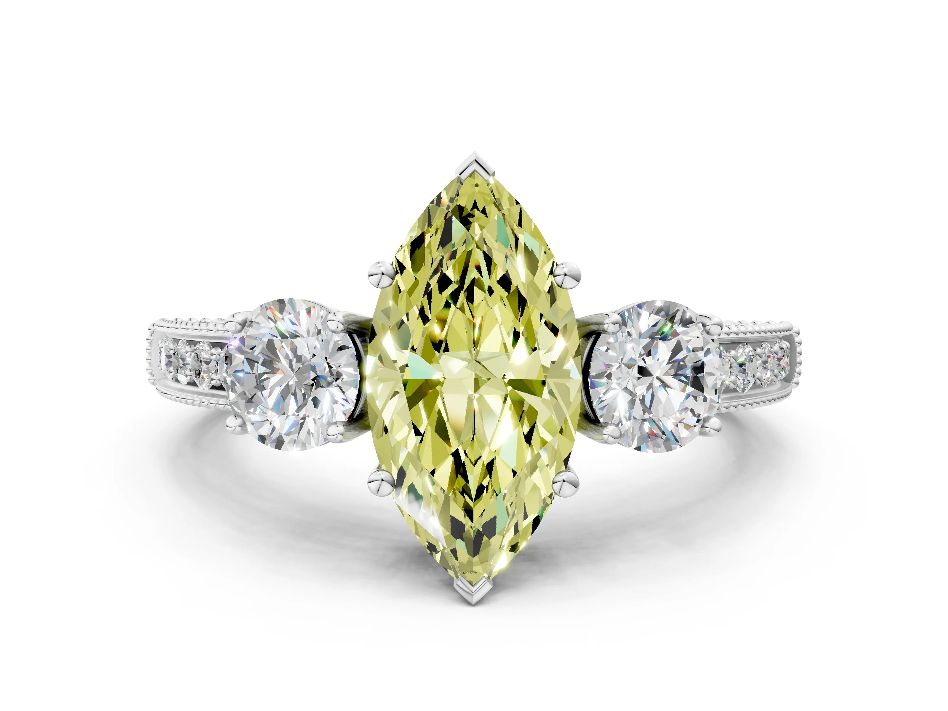 White gold Fancy Yellow Marquise Cut Three-Stone Diamond Ring with Pavé Band and Four-Prong Setting_12