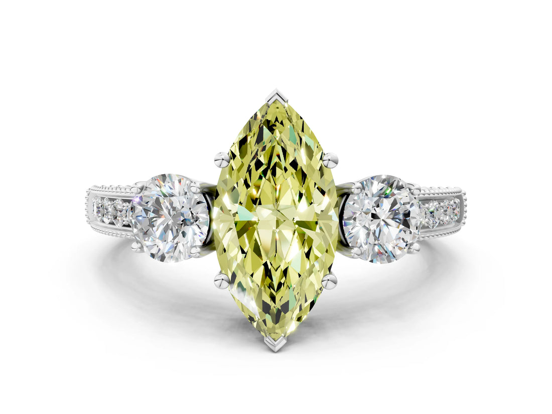 White gold Fancy Yellow Marquise Cut Three-Stone Diamond Ring with Pavé Band and Four-Prong Setting_12