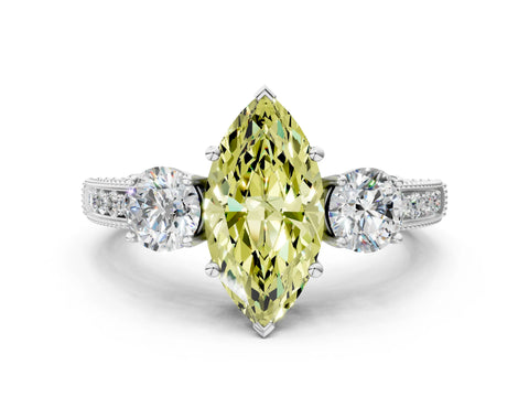 White gold Fancy Yellow Marquise Cut Three-Stone Diamond Ring with Pavé Band and Four-Prong Setting_12