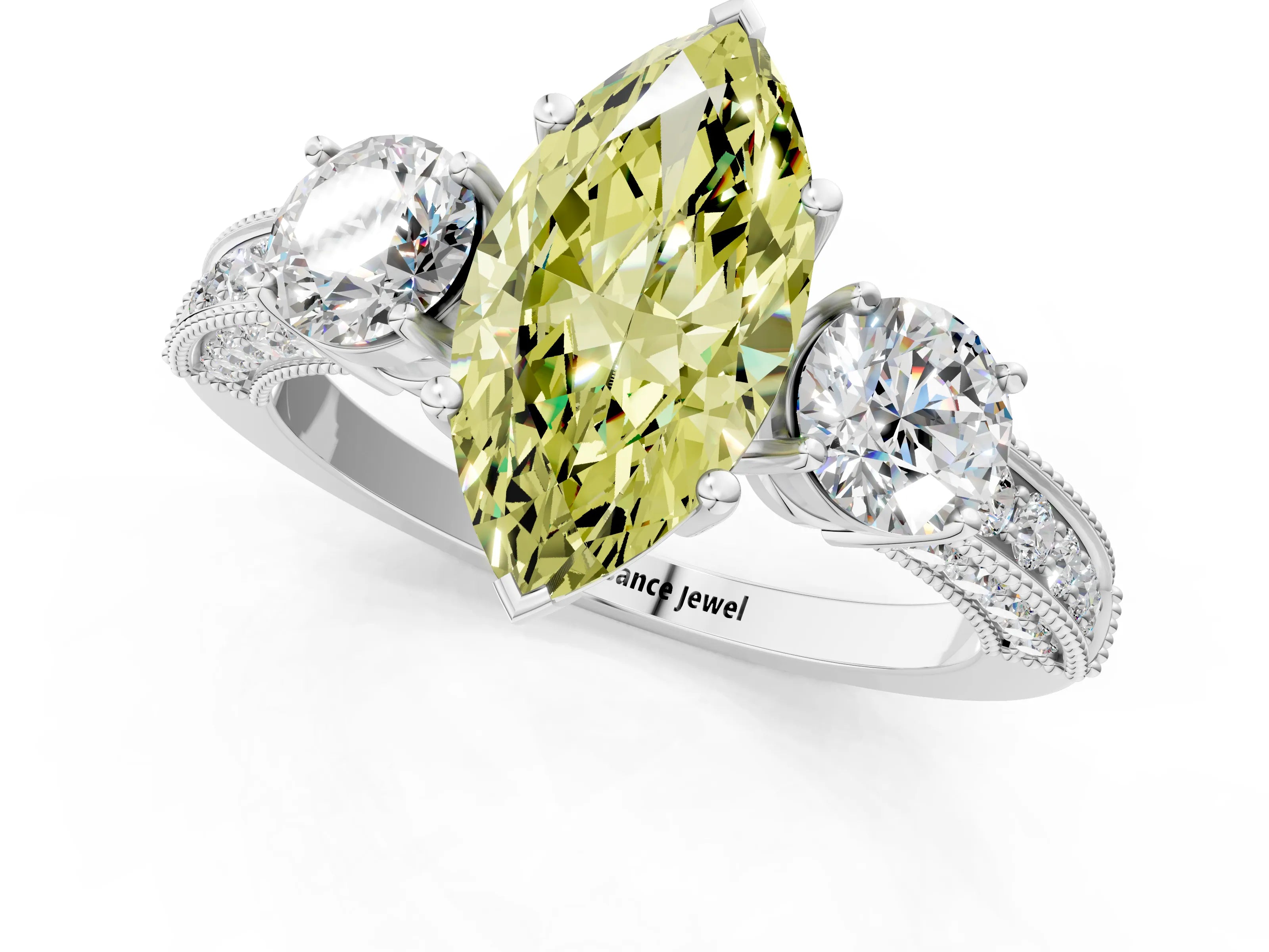 White gold Fancy Yellow Marquise Cut Three-Stone Diamond Ring with Pavé Band and Four-Prong Setting_13