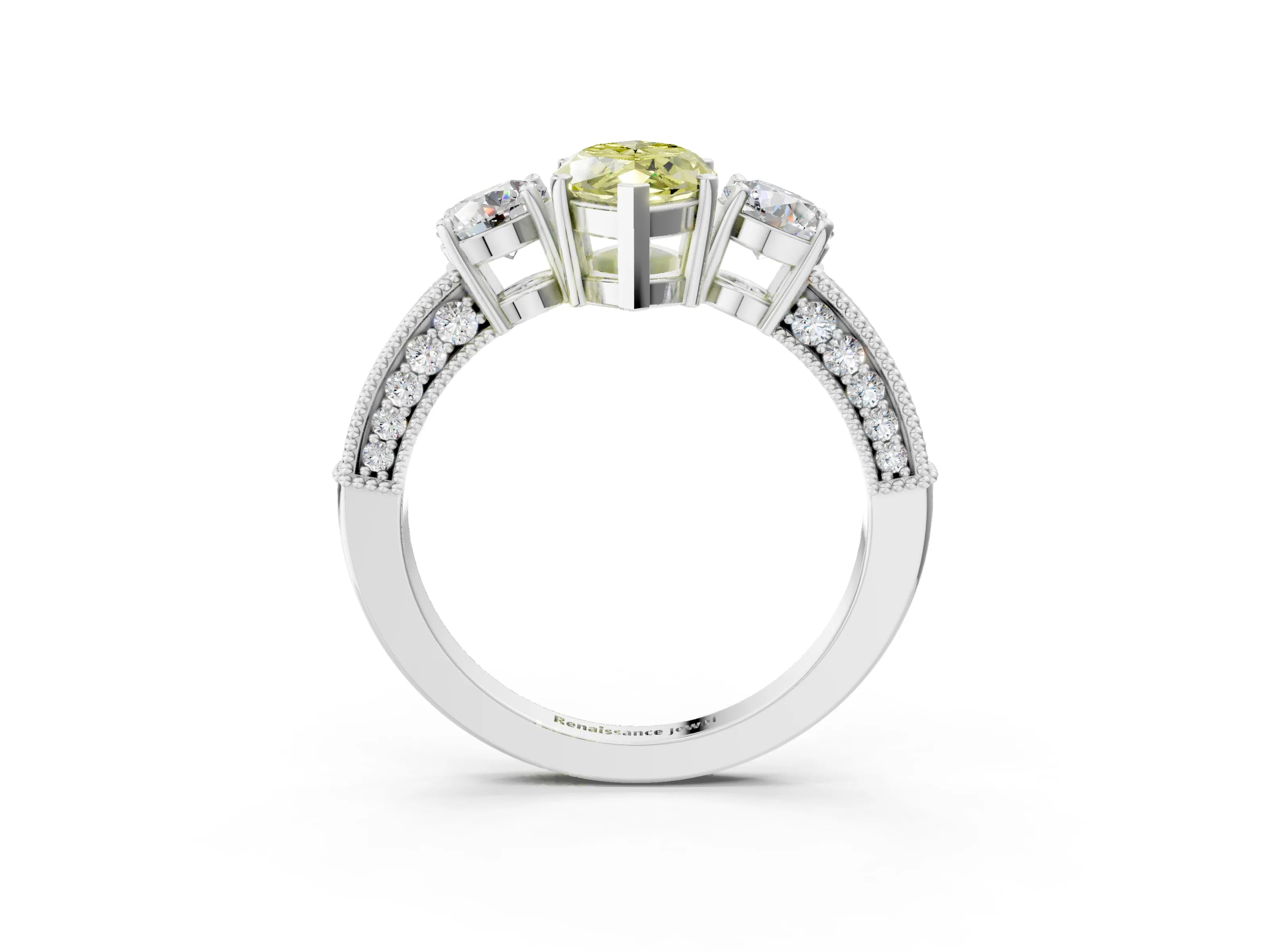 White gold Fancy Yellow Marquise Cut Three-Stone Diamond Ring with Pavé Band and Four-Prong Setting_15