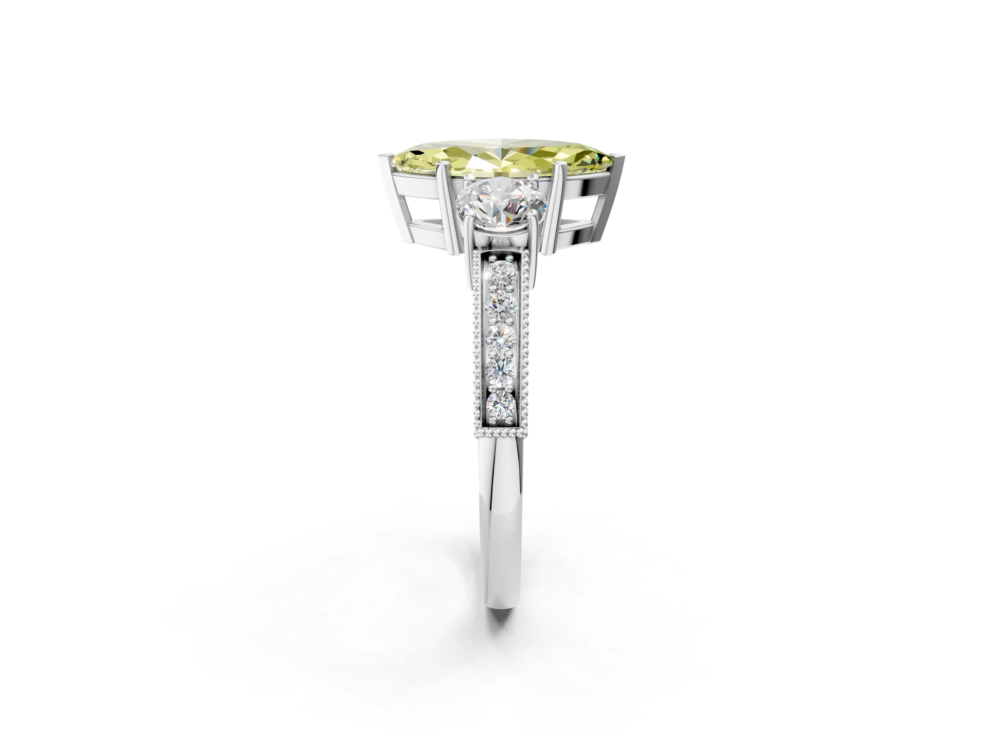 White gold Fancy Yellow Marquise Cut Three-Stone Diamond Ring with Pavé Band and Four-Prong Setting_2