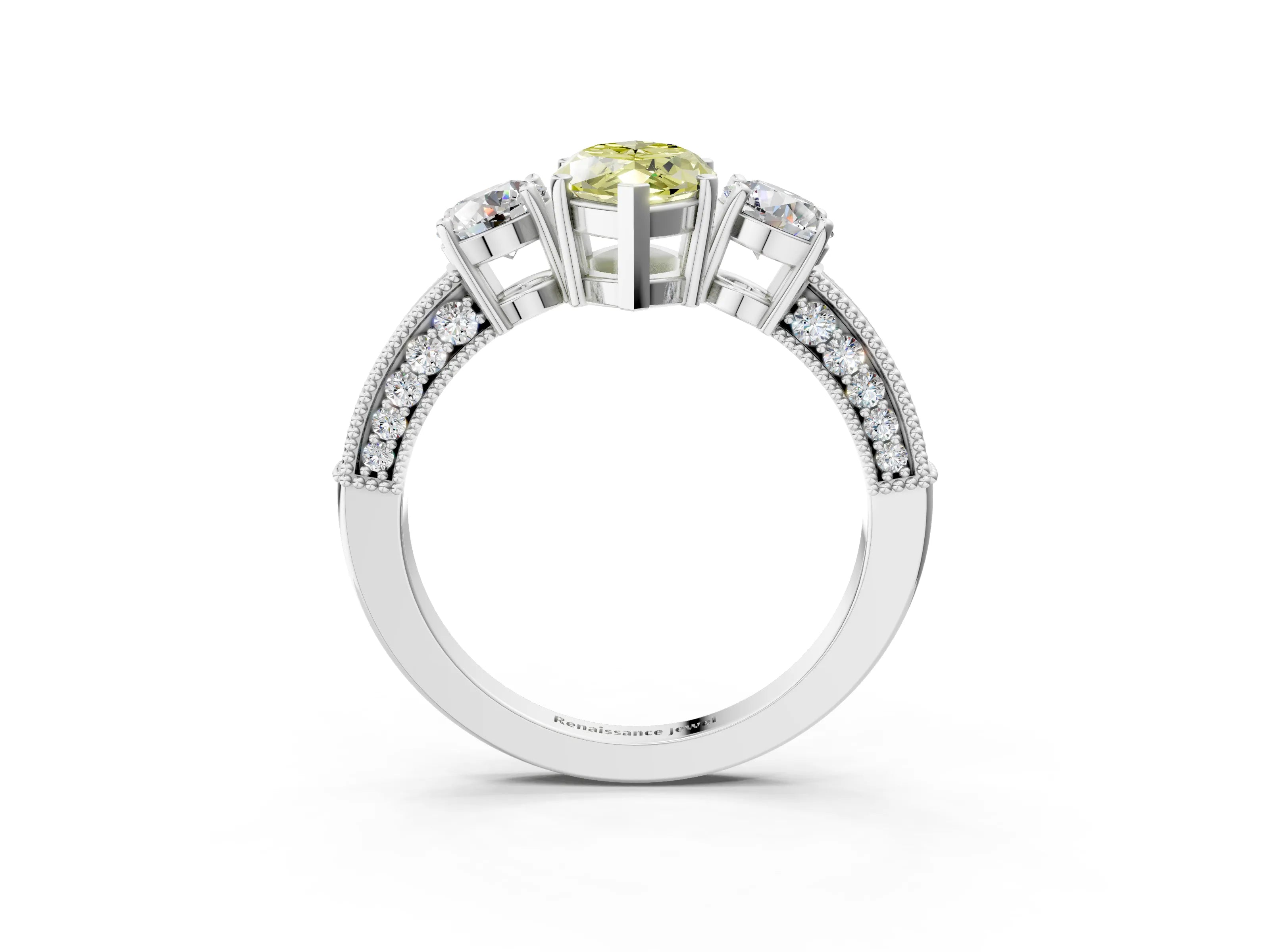 White gold Fancy Yellow Marquise Cut Three-Stone Diamond Ring with Pavé Band and Four-Prong Setting_3