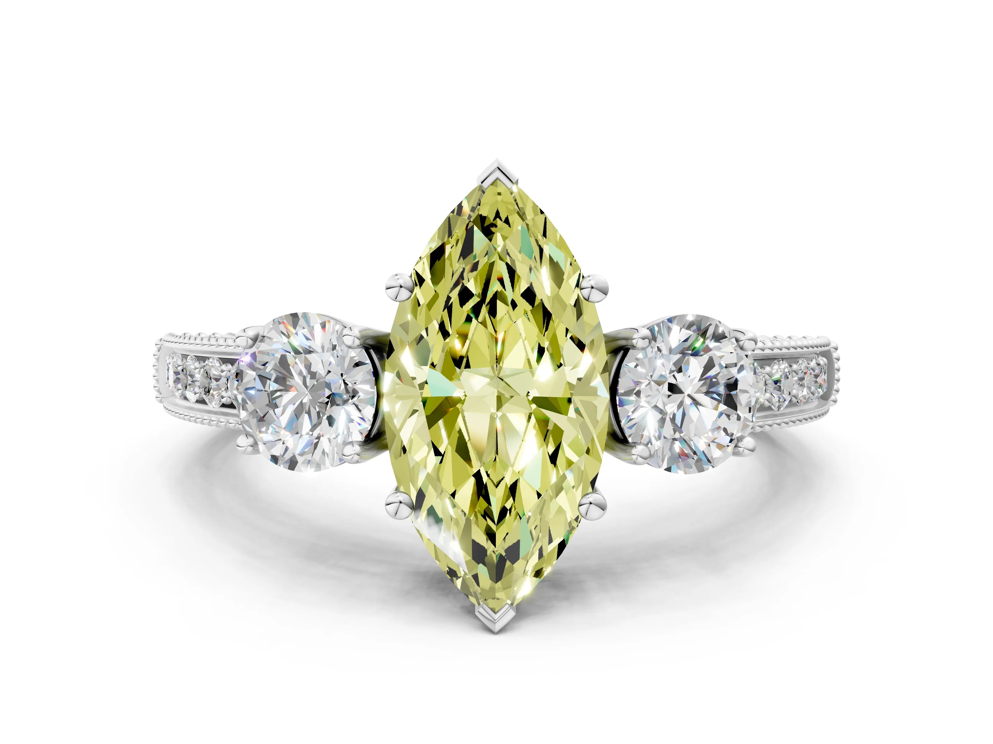 White gold Fancy Yellow Marquise Cut Three-Stone Diamond Ring with Pavé Band and Four-Prong Setting
