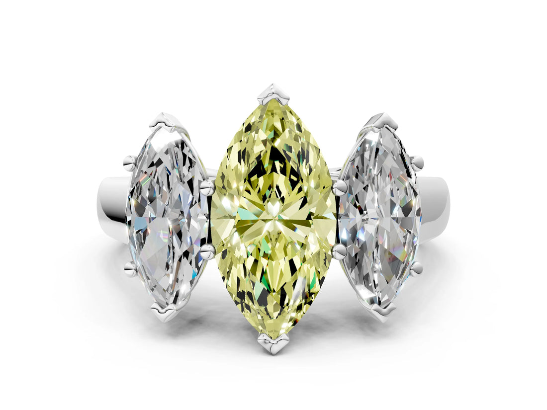 White gold Fancy Yellow Marquise Cut Three-Stone Diamond Ring with Prong Setting on a Classic Band_12