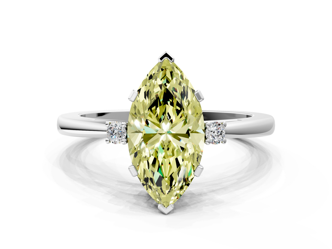 White gold Fancy Yellow Marquise  Cut Three-Stone Solitaire Ring with Round Accent Diamonds and Four-Prong Setting